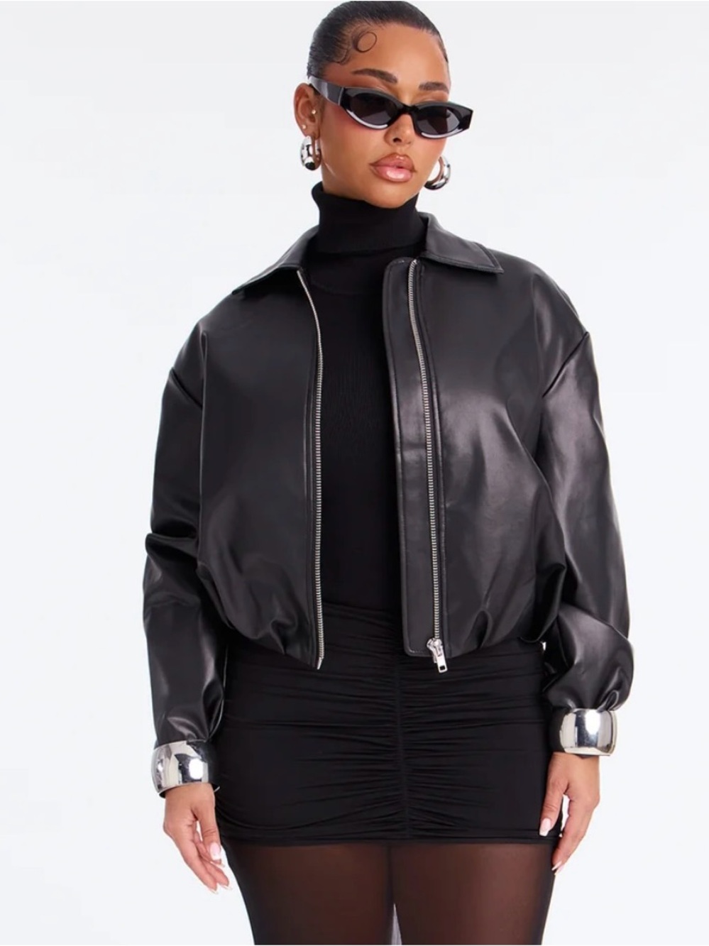 Fashion Nova Black Faux Leather Zip-Up Bomber Jacket